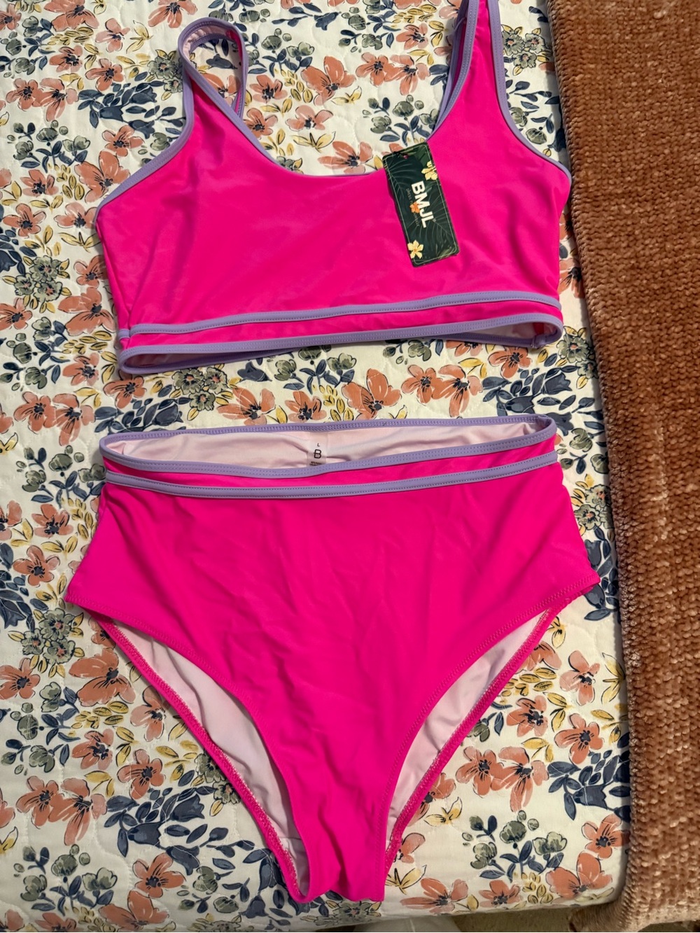 Bright Pink High-Waist Bikini Set with Lavender Trim